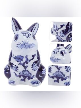 Blue and White Porcelain Rabbit/Bunny Sculpture - Decorative Home Art